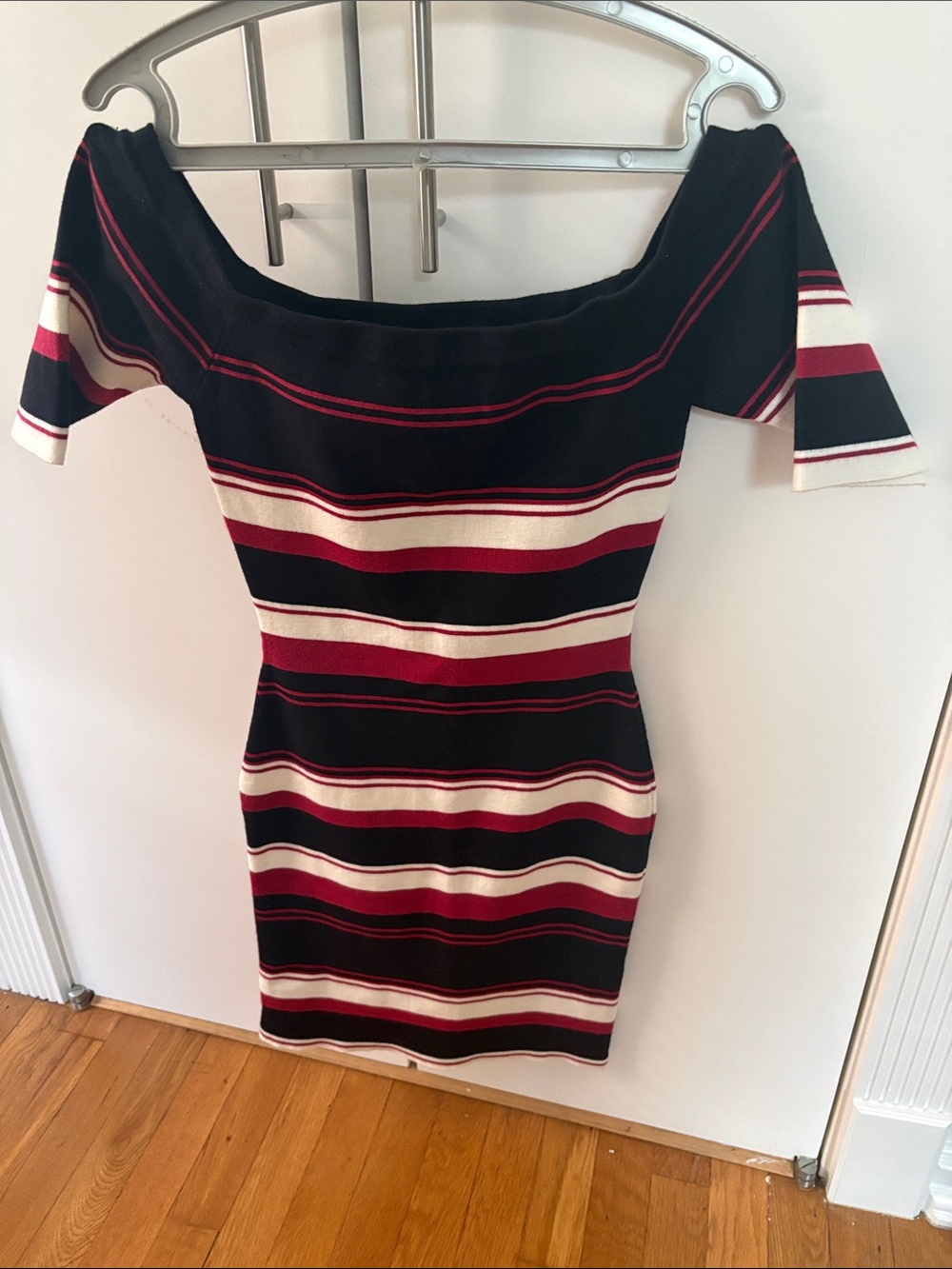 Love off Shoulder Striped Knit Dress in Black, Burgundy & Cream